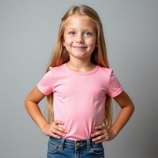 Image of a girl showing confidence. She has long blonde hair. Comfortable outfit features fitted pink t-shirt and denim shorts. Soft gray background enhances charm. Warm lighting creates a welcoming feel. Relaxed pose with hands on hips.