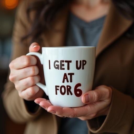 Lifelike image of a coffee cup in a close-up shot. The cup has the text I GET UP AT FOR 6. A red line goes through the word AT. The cup is held by a beautiful woman.