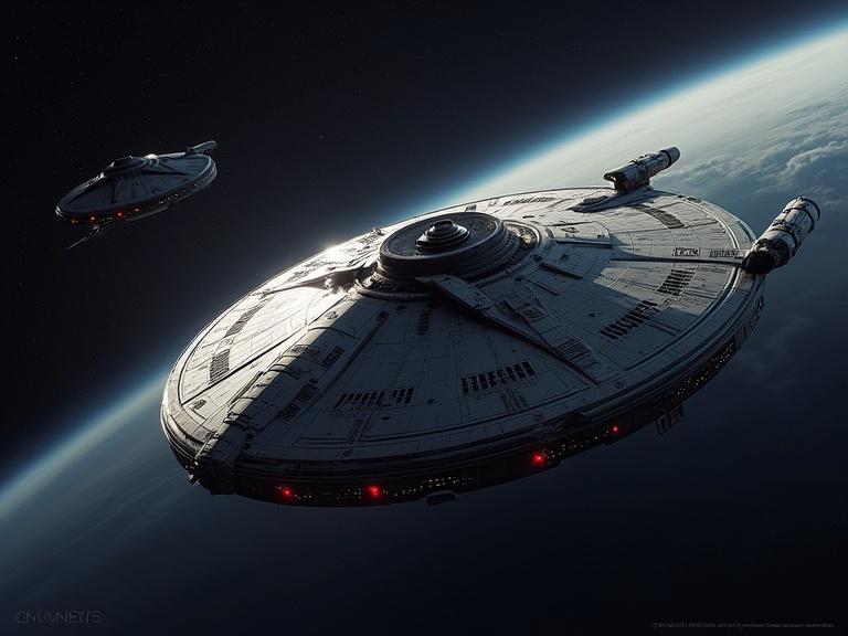 Photo realistic depiction of a starship in space showcasing fine details. Two starships are visible with one in front of the other. Dark space environment surrounds them with Earth in the background.