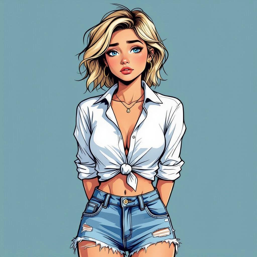 Depicts a youthful woman dressed in casual attire featuring a knotted white stand-up collar shirt and ripped denim shorts. She has a straw-blonde crew cut and bright blue eyes, displaying a sad expression. The illustration is styled in semi-realistic comic art.