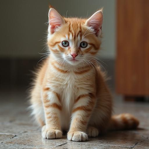 A kitten with orange fur sitting on a soft floor. The kitten has big eyes and a curious expression. The setting is indoors with natural light.