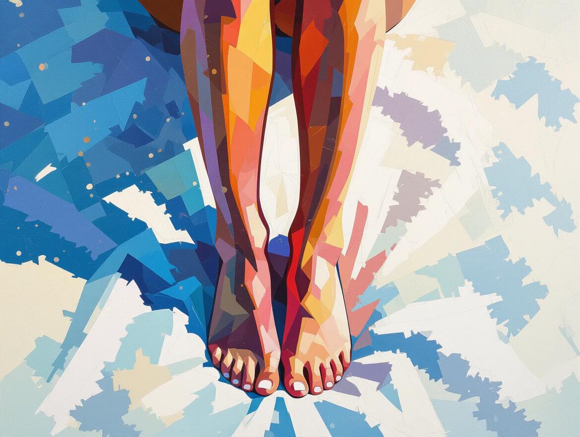 Vivid pointillist artwork featuring split legs composed of colored dots. Legs casting a gentle shadow on a white textured backdrop infused with cool morning light. Balances natural realism with airy elegance, evoking dawn's quiet grace.