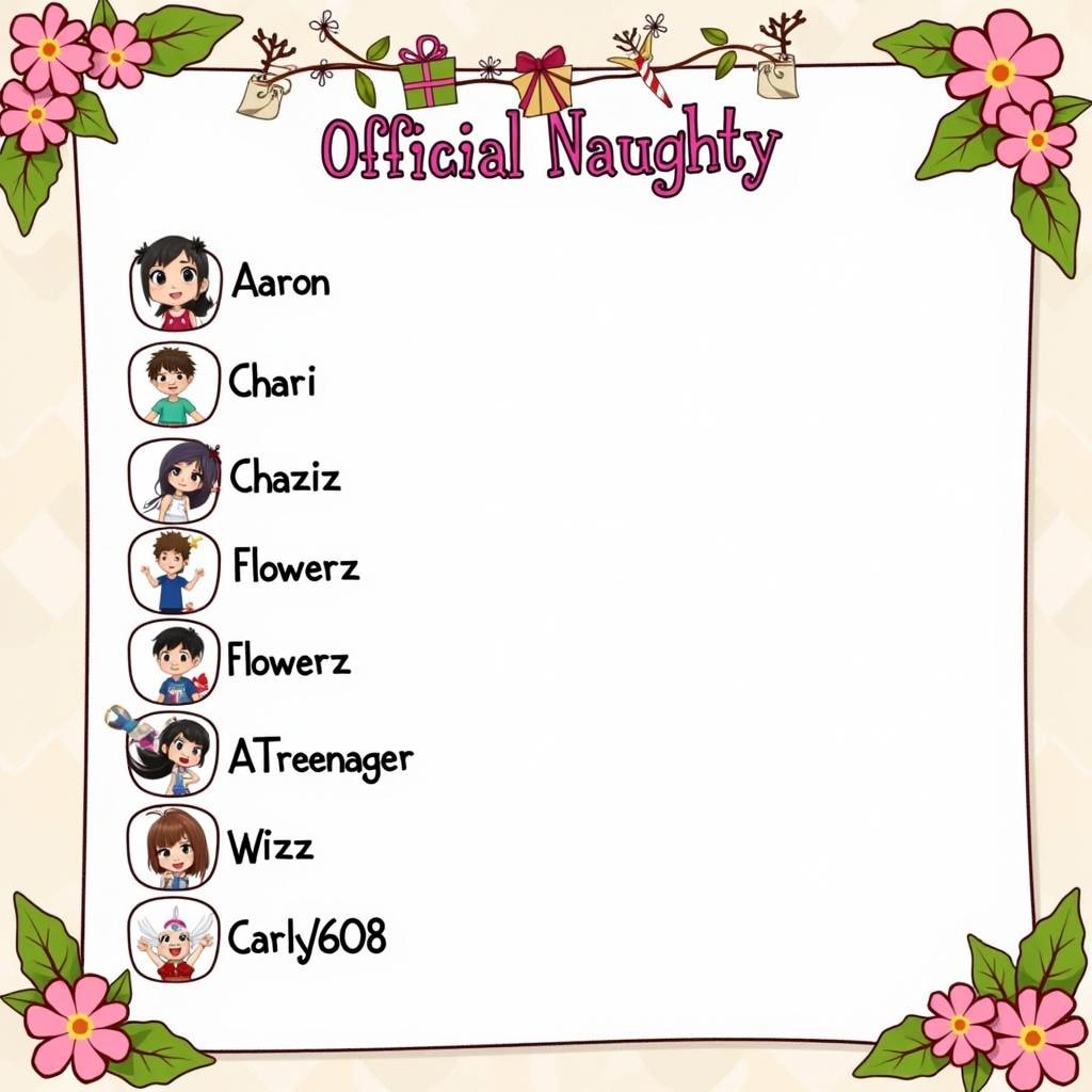 A colorful illustration shows an official Naughty list. Names included are Aaron, Chaziz, Flowerz, ATreenager, Wizz, Carly608, and Kylarz. Character illustrations appear beside each name. The title states Official Naughty. The background features decorative flowers.