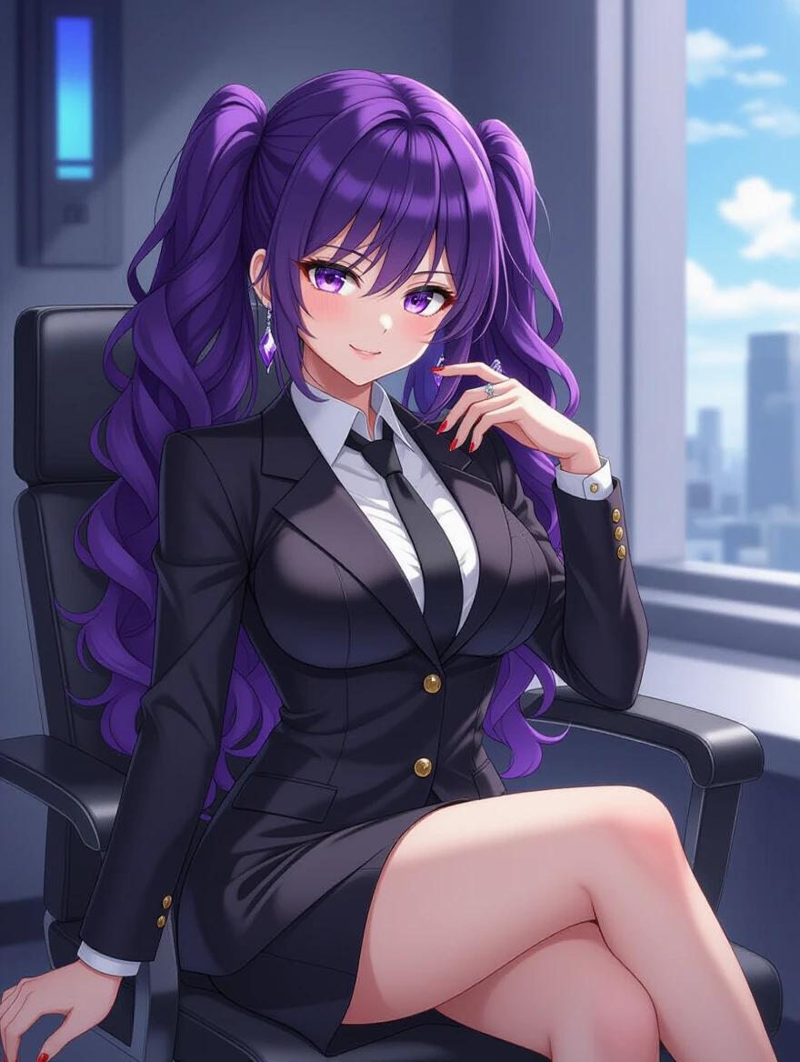 Anime character with long amethyst purple hair dressed in a professional black pinstriped suit. The character has amethyst purple eyes and an evil grin. She displays elegance with oversized curls and a luxurious background in a futuristic setting.
