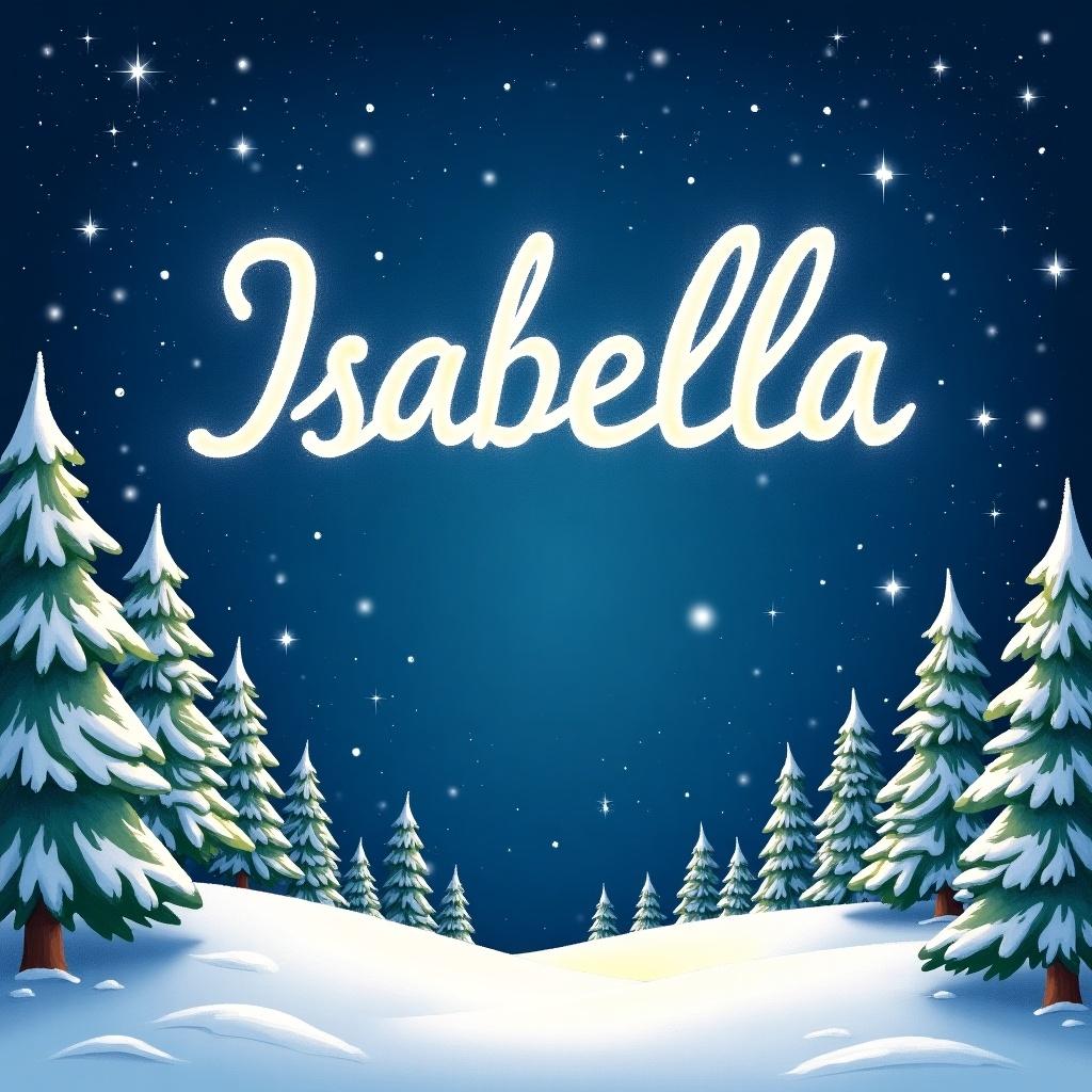 In a beautiful winter wonderland, the name 'Isabella' is magically written in the sky by Santa. The background features a rich blue night sky filled with twinkling stars, creating a whimsical atmosphere. Surrounding the name are tall evergreen trees covered in snow, enhancing the magical feel. The white snow blankets the ground, making the scene look serene and inviting. This artwork captures the essence of holiday charm and personalization, appealing to both children and adults alike.