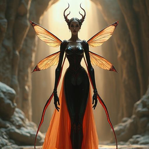 Anthropomorphic ant queen figure with a beautiful female face. Luminous skin and calm intelligent eyes. Slender feminine body with smooth black and deep red chitin plating. Six limbs including two human-like arms and four elegant insectoid legs. Segmented ant-like abdomen and long translucent wings. Thin antennae curl from her forehead. Poised in a grand underground crystal palace with a soft glowing light.