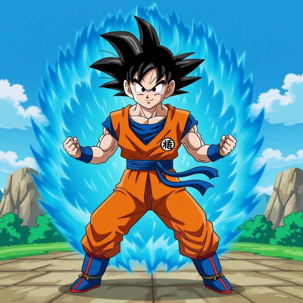 Dynamic anime character with orange outfit and energy aura. Character appears ready for battle. Energetic background featuring blue energy waves. Environment shows rocky terrain and clear sky.
