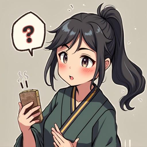 Anime girl with dark hair wearing a green top holds a phone. She looks puzzled, with a question mark above her. Stylish, character design with a chuunibyou theme.