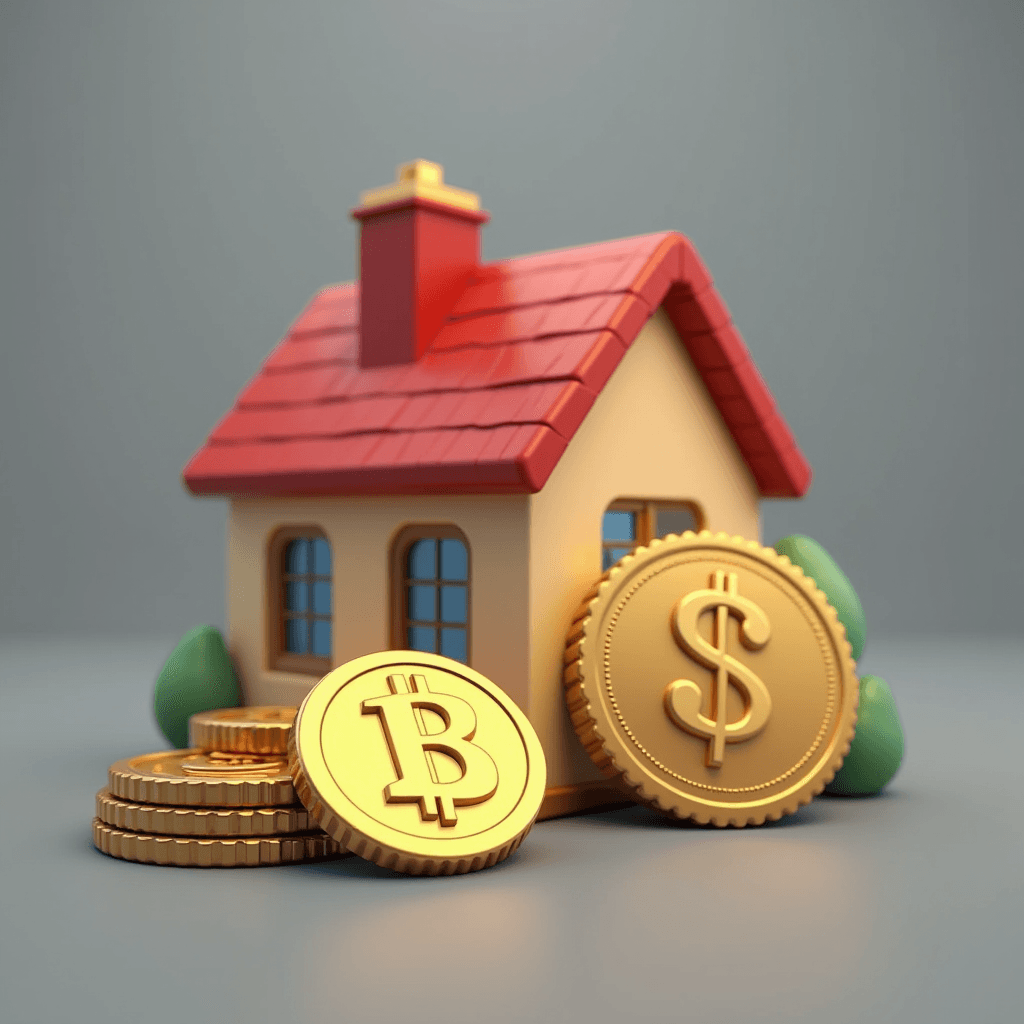 A miniature house model surrounded by golden coins featuring Bitcoin and dollar symbols.