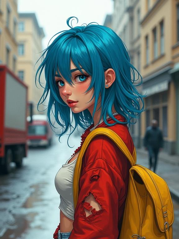 Artwork of a young woman with blue hair. She wears a tattered red and white outfit. A yellow backpack hangs over her shoulder. City street scene in the background. The pavement looks wet. The art style is painterly with bold colors.