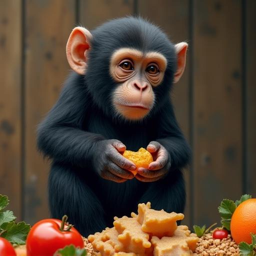 A black monkey holds food. The scene is bright and engaging. The monkey has large ears and a playful demeanor. Fresh vegetables and foods surround it. Focus is on the monkey and the food it holds.