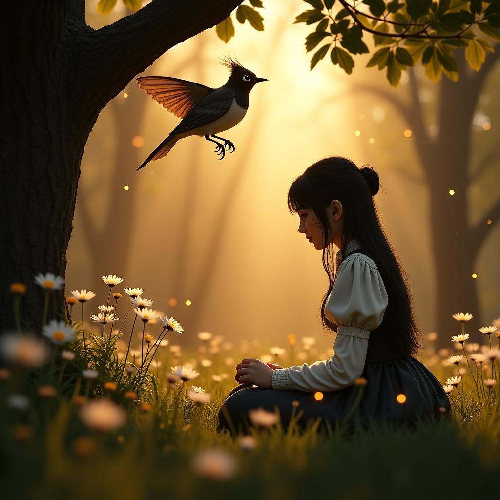3D composition of a melancholic sunset garden features a student character in Victorian attire kneeling on damp grass. Character has slender physique with disheveled black hair and pale skin. A Nightingale on an oak branch observes. Setting includes fireflies and daisies in golden hour light.