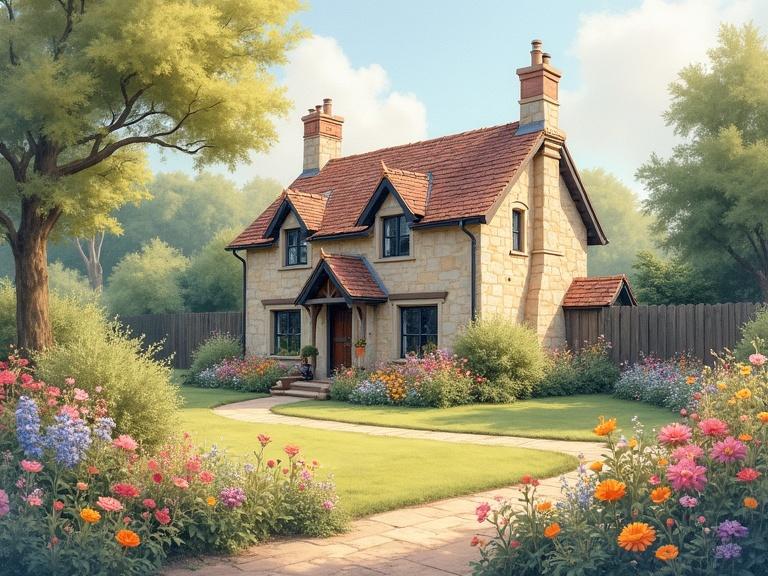 View of a stone cottage surrounded by a colorful flower garden. Evokes tranquility. Features pastel colors and golden accents. Resembles watercolor painting.