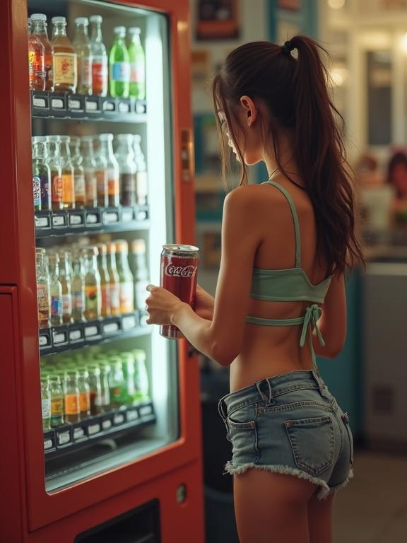 Teenage girl interacting with a vending machine. Girl is in short shorts. She's reaching for a soda. Scene has youthful energy.