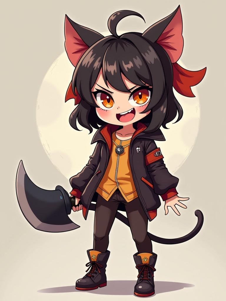 A small girl character with a cute but angry personality. She has big eyes and a mischievous smile. Her outfit combines leather and bright colors, featuring bold design elements, with a notably large weapon in her hand.