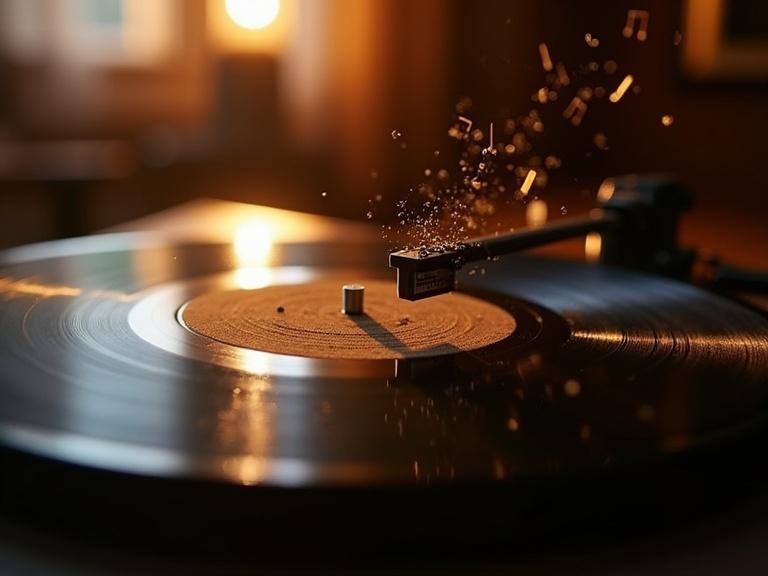 Macro photograph of vintage vinyl record and turntable needle. Warm light illuminates grooves. Ethereal musical notes float. Dust motes glow softly. Sharp focus and shallow depth of field create stunning contrast.