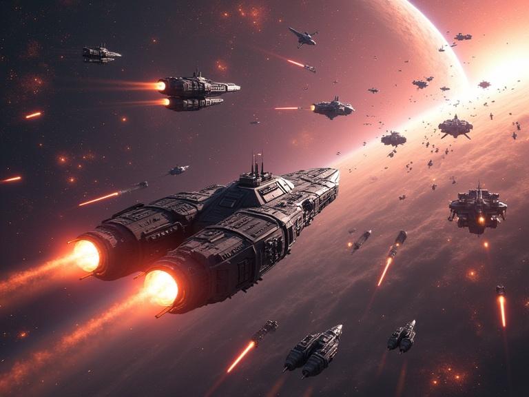 Dramatic intense battle between futuristic fleets. Vibrant nebula and distant galaxies. Giant capital ships with glowing engines. Heavy armor unleashing energy beams and missiles. Swarms of starfighters in chaotic dogfights. Explosions light up the void with a planet in the background. Scarred surface from bombardments. Action-packed scene with intricate details. Hyper-realistic style reminiscent of blockbuster space operas.