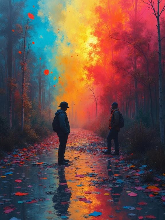 A colorful forest scene. Two figures stand on a reflective path. The background shows trees with a vibrant explosion of colors. Multicolored leaves litter the ground.