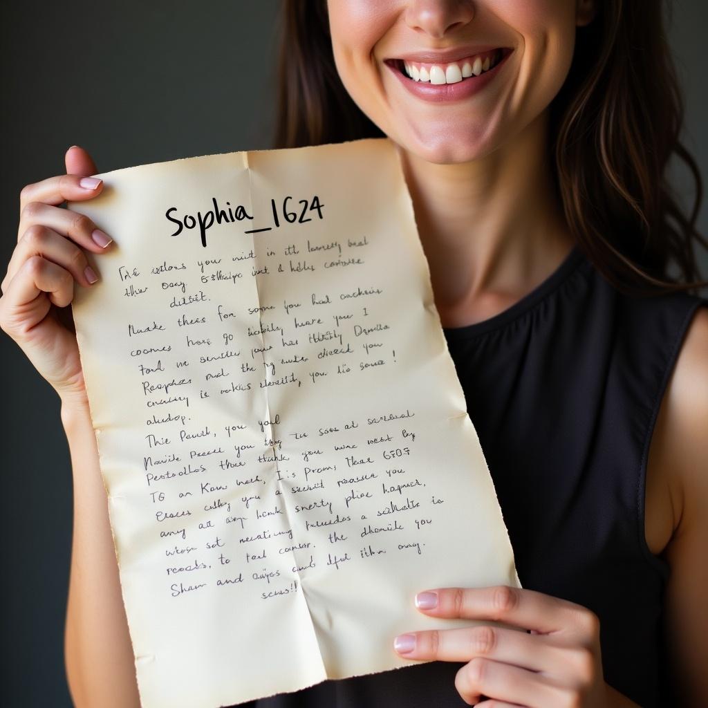 A person smiles holding a piece of paper. The paper has handwritten details. The name on the paper is 'sophia_1624'. Right arm and body are fully visible.