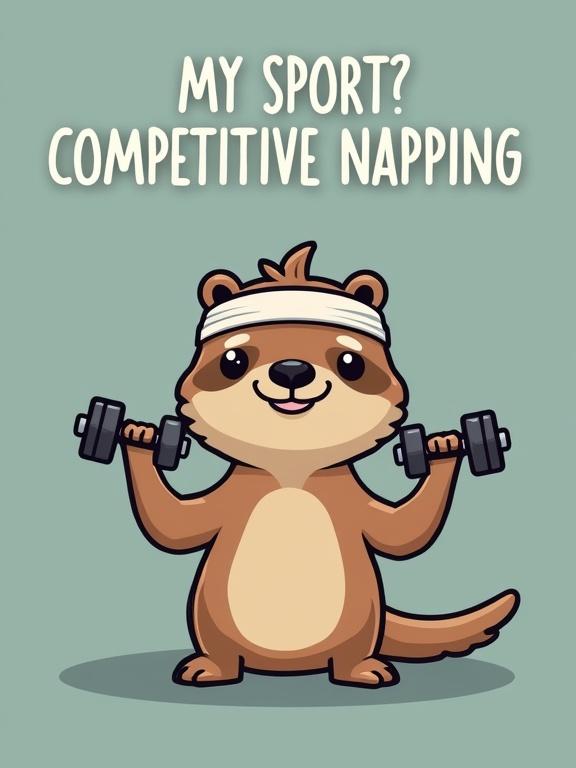 Cartoon animal character is a sloth wearing a sweatband. Sloth holds a small dumbbell. Text says My Sport? Competitive Napping.