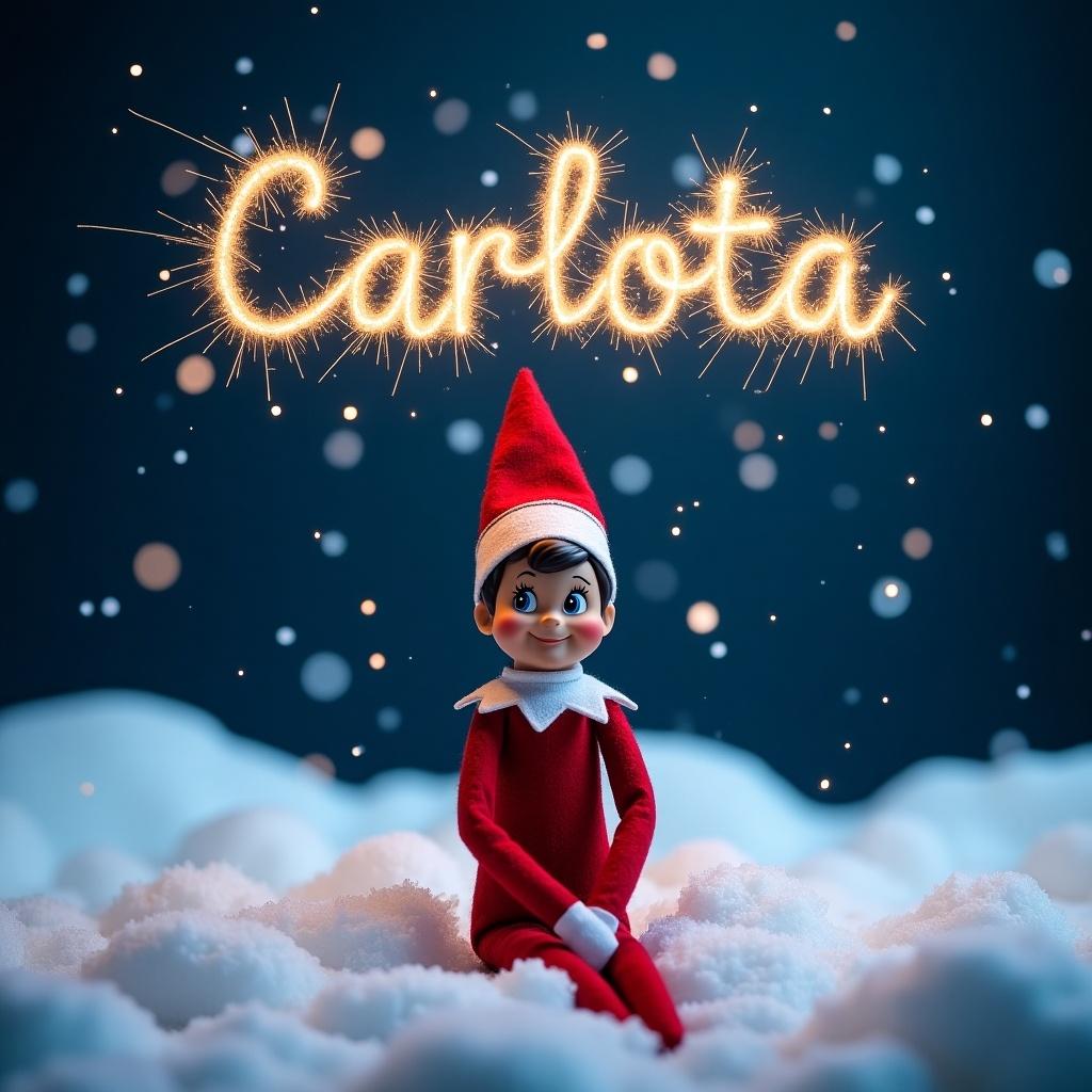 The image depicts a whimsical scene featuring an Elf on the Shelf named Carlota sitting amidst a fluffy snowy landscape during nighttime. The cheerful elf is dressed in a classic red and white outfit, embodying the spirit of Christmas. Above Carlota, the name 'Carlota' is playfully crafted in glowing sparkler text, casting a warm light across the scene. Snowflakes softly fall around her, enhancing the magical ambiance. The background features a deep blue, contrasting with the bright colors of the elf and the sparkling text. This enchanting setup invites viewers into the joyful world of holiday celebrations.