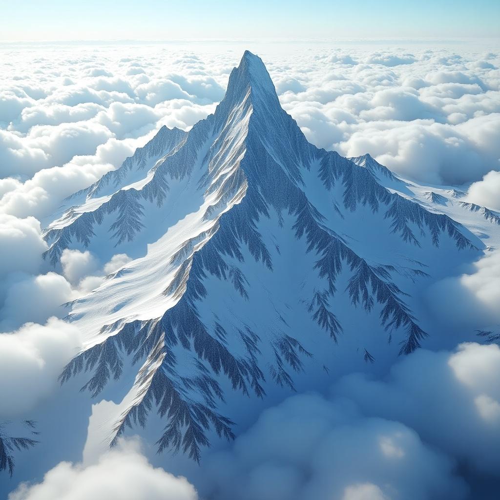 Heightmap of wide mountain range with towering peak, Mountains covered in snow, Surrounded by clouds, Aerial view