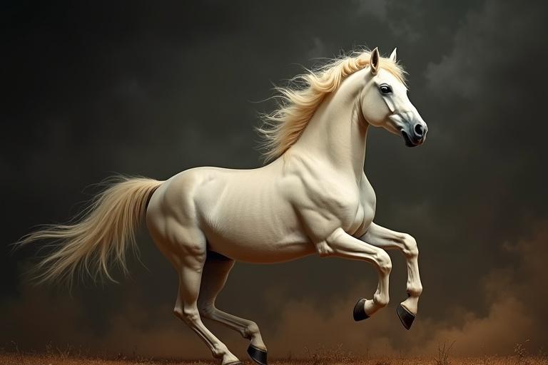 Majestic cream horse rearing up against dark swirling background