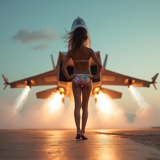 Young girl in colorful bikini stands with hands on hips. Fighter jet with missiles fires in the background. Feet and body are off the ground, showcasing a sense of flight and adventure.