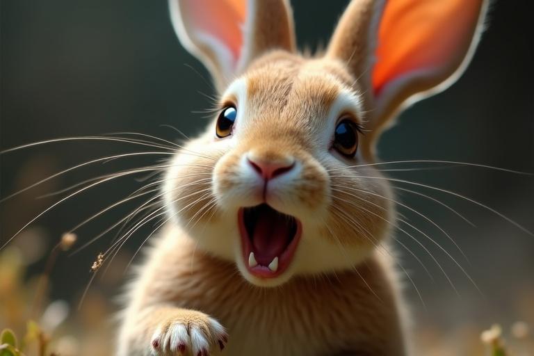 Close-up view of a rabbit's face showing fear with wide eyes and a startled expression. The rabbit appears to be in a natural setting with a blurred background.