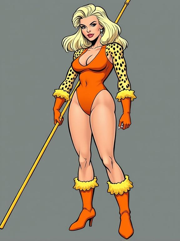 Female character from a comic book. Light-blonde wavy hairstyle with cheetah-like spots. Light skin tone. Orange leotard and boots with gold bands. Long golden staff in hand. Athletic body type. Confident expression. Off-center to the left. Facing forward. Bold color scheme. Gray background. Even lighting. Reminiscent of 1980s comic art. Energetic atmosphere.