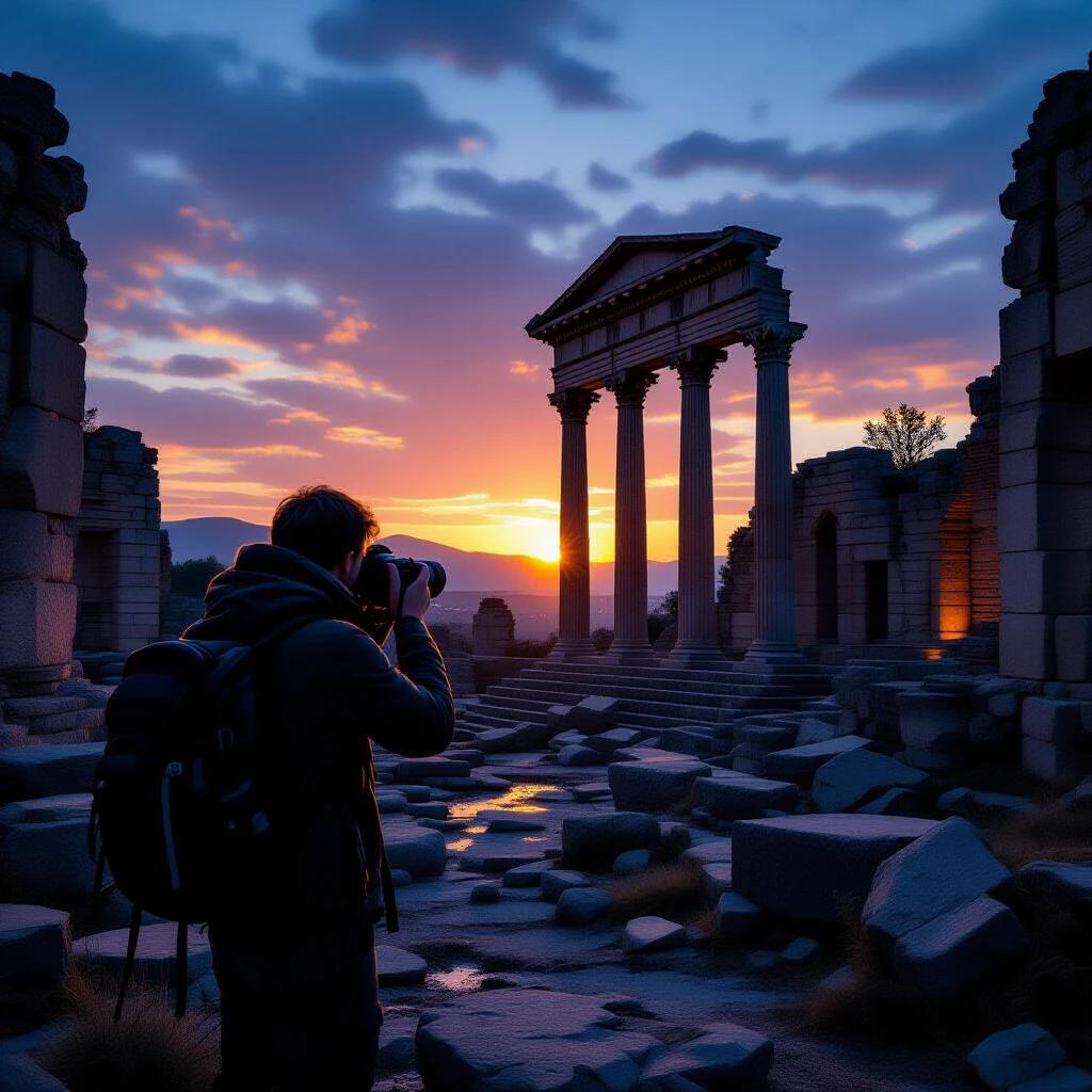 Photographer documenting ruins of ancient civilization at dusk. Hyper-realistic depiction of cinematic scene. Shot in 8K resolution. Objects include ancient columns and scattered stones with sunset light. Emotional atmosphere of discovery and reflection.