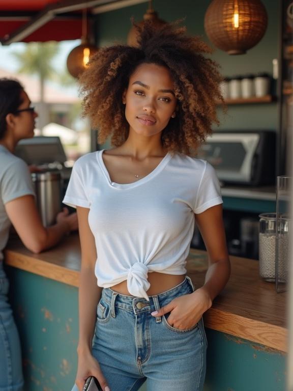 Grainy vertical photo of a woman at a coffee truck. She holds her phone and wears high-waisted jeans with a loose white tee. Bright lighting creates uneven shadows. Image is slightly tilted and low resolution.