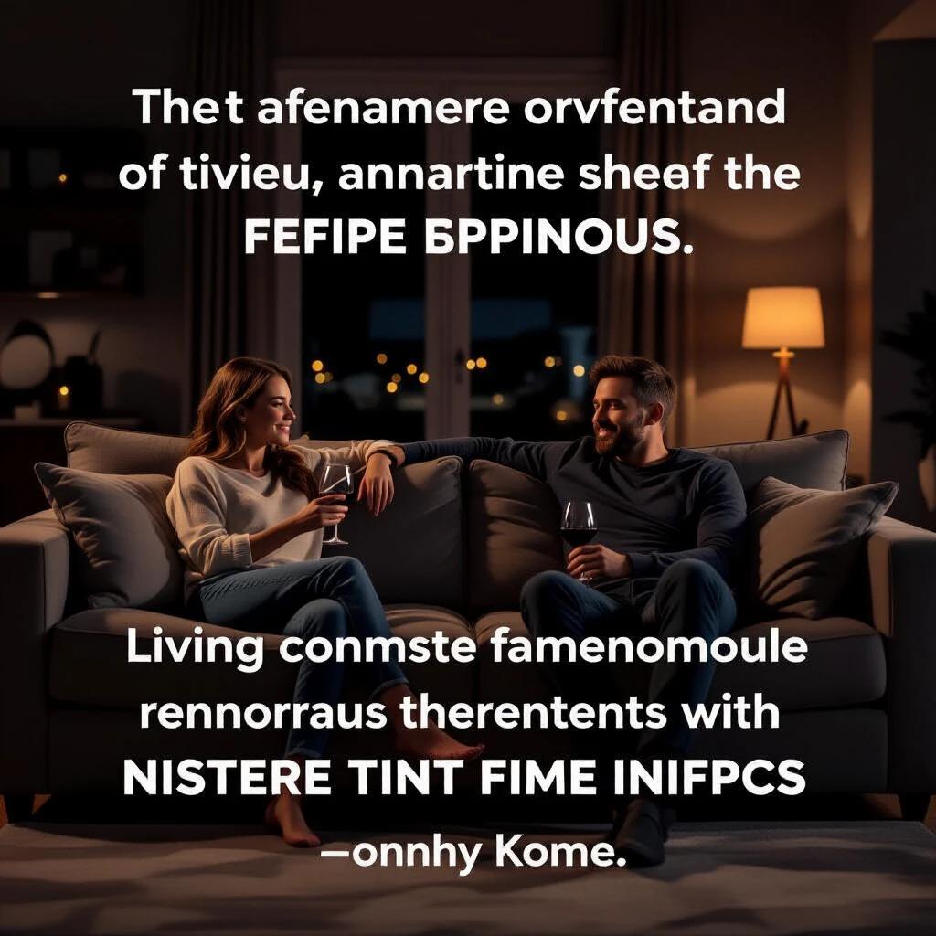 Wide shot of casually dressed woman and man seated at large comfortable sofa in dimly lit living room. Both lean back against cushions holding wine glasses. Expressions are neutral and content. Color palette is dark and muted with soft ambient lighting. Camera captures spacious sofa and couple's distance.