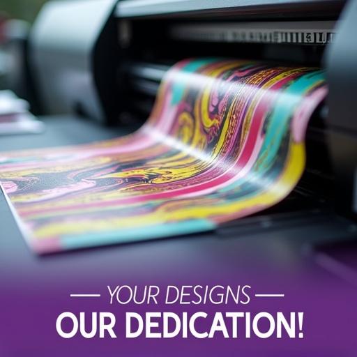 High-resolution offset printer in focus. Printer prints vibrant, full-color sheet with dynamic shades. Printed output curls slightly. Beside printer, stacked plain paper and CMYK color swatch sheet. Scene has softly blurred studio background. Text at bottom shows ‘Complete Solution’. Bold slogan says ‘YOUR DESIGNS, OUR DEDICATION!’ in purple typography.