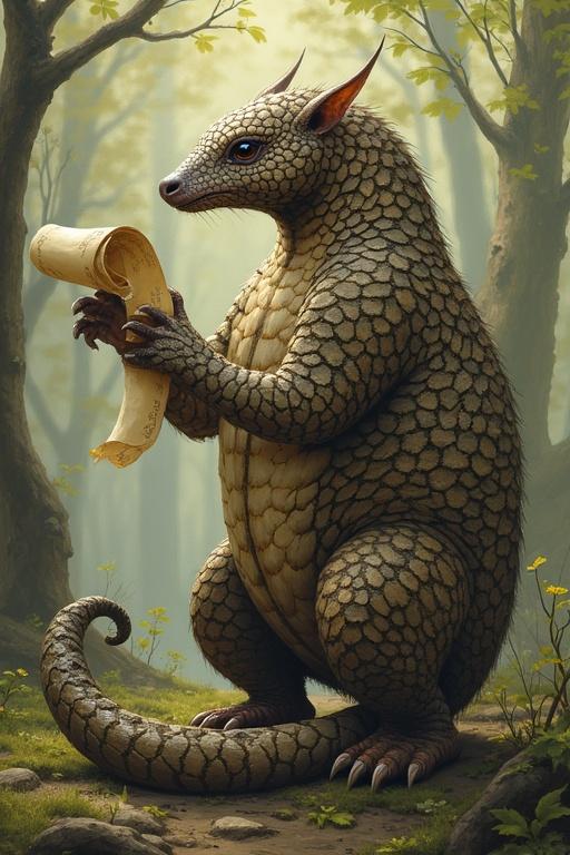 Pangolin holding a scroll with a tail. Using compass pointing into the wind. Shell engraved with changing maps.