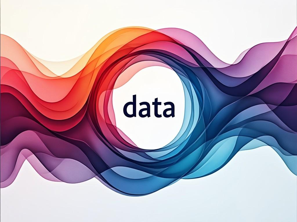 This image features a vibrant multicolored wave-like design. The main element is the word 'data', which is prominently displayed in the center. The colors transition seamlessly through shades of red, orange, purple, and blue. The circular shape surrounding the word creates a focal point. This design evokes a sense of modernity and innovation, making it ideal for technology and data-related themes.