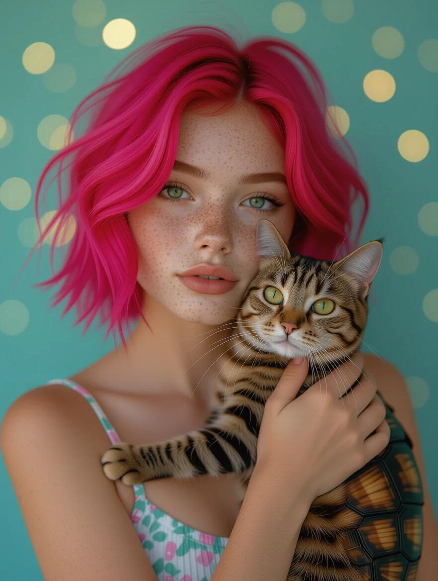 Portrait of a girl with hot pink hair and freckles. She is 18 years old and snuggling with a tortoise shell cat. She wears a crop top and looks at the viewer. The background has bokeh effects adding depth to the composition.