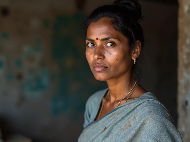 Portrait of a woman garment worker in a light blue saree. Slim face with dark complexion, small eyes. Hair tied in a bun. Background shows blurred earthy colors.
