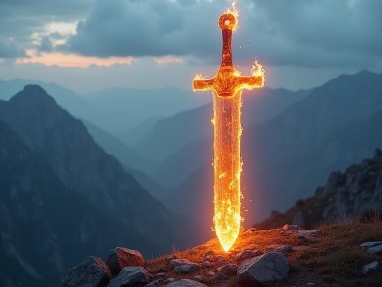 A flat long and wide sword appears fiery and made of glass. It stands upright in a mountainous area. The sword's handle is engulfed in flames. The ground below glows with light. Detailed mountains are visible in the background. The atmosphere is cloudy and hazy during dusk.