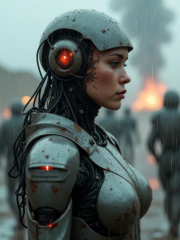 A hyper-realistic cinematic portrait of a futuristic female robotic soldier standing in the rain on a war-torn battlefield. Her face shows cybernetic damage: a crack runs down the metallic part of her skull revealing circuits. One red eye flickers, while the other is human. Armor is scratched and dented, with sparking cables. Rain falls over her body, creating reflections and steam. Smoke and fire swirl in the background with the text 'Rogerslegendas' on her thigh armor. She stands defiant as a survivor.