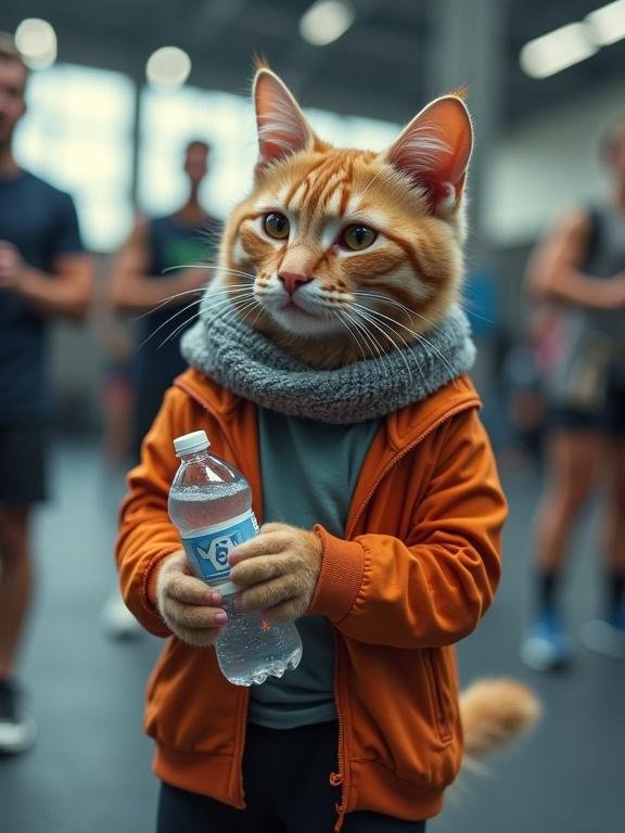 Cute cat in gym clothes with scarf holding water bottle. Scene shows a gym with people working out in the background.