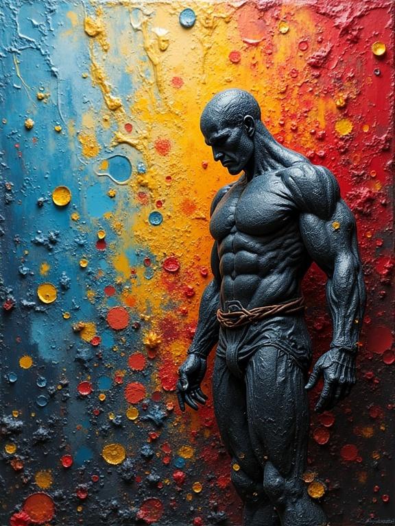 3D portrayal of a muscular figure inspired by Hercules. Thick impasto texture creates depth. Colorful splashes of oil paint in the background enhance the visual appeal.