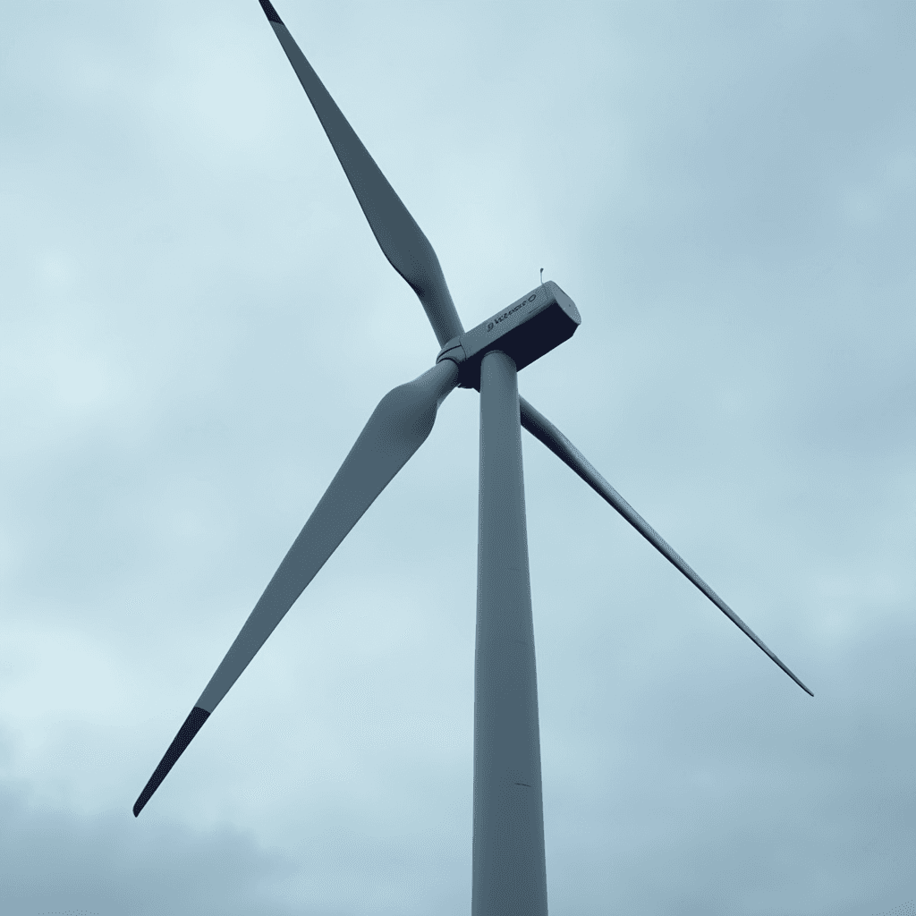 A towering wind turbine set against a cloudy sky, showcasing renewable energy technology.