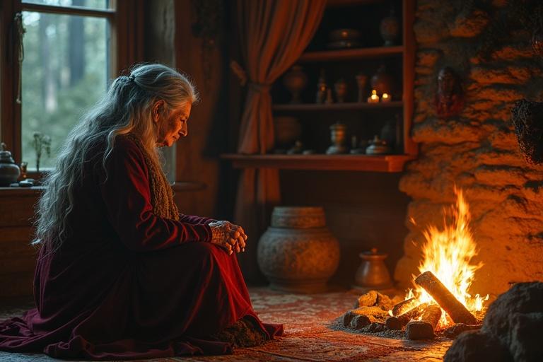 An old wise woman with long grey hair sits beside a fire in a cottage. Nayantara kneeling before her. Magical artifacts on shelves. Warm firelight creates a cozy atmosphere in an ancient forest hut. Cinematic quality in 4K resolution.