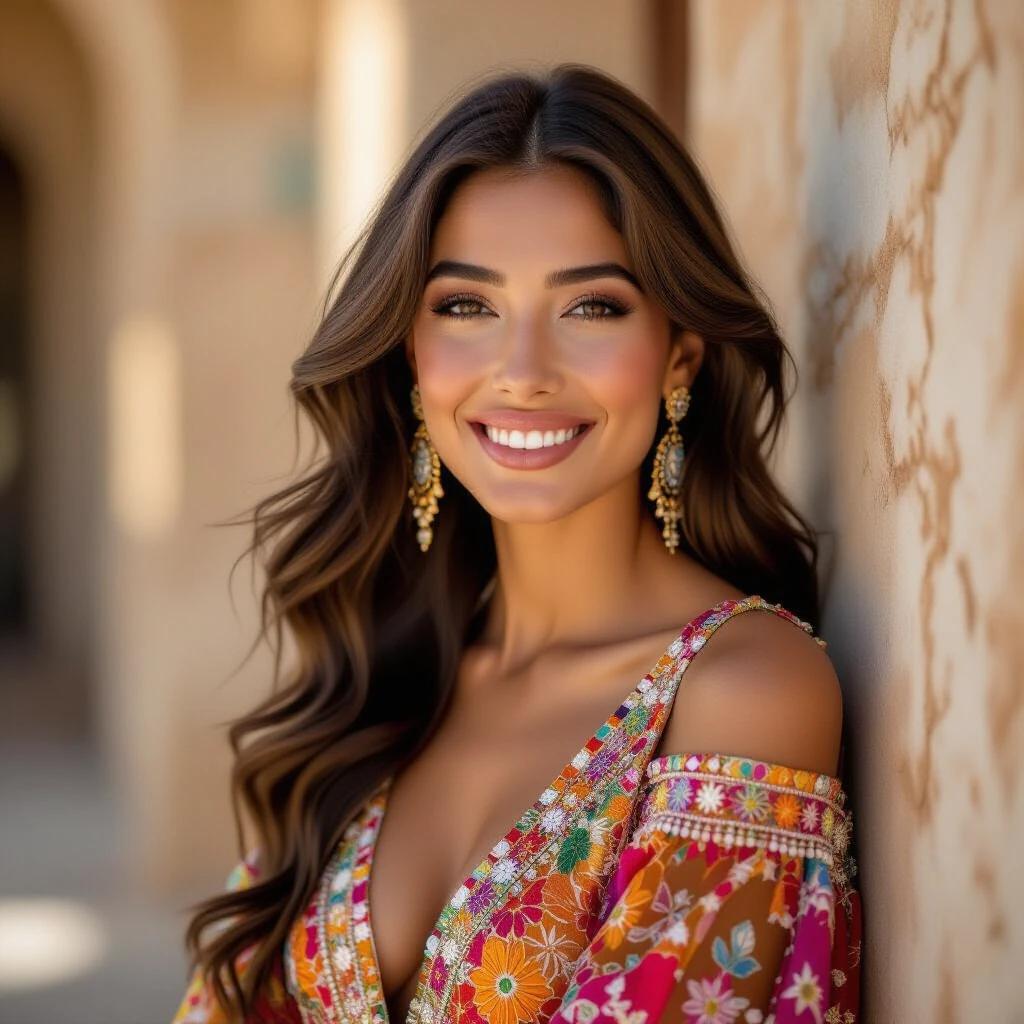 Confident woman in a colorful beaded outfit. Warm lighting accentuates her features. Long hair cascades down one shoulder. Elegant earrings add glamour. Textured background contrasts with vivid attire. Evokes a sense of elegance and calm.