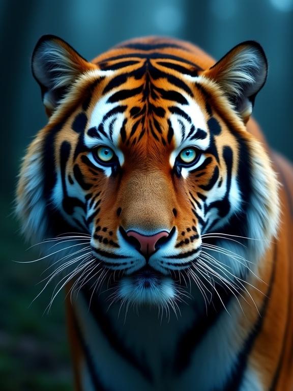Close-up portrait of a Siberian tiger. Tiger stares intensely into the camera with sharp focus. Detailed texture of fur, whiskers, and nose. Bright blue eyes with catchlights. Background is a dark, misty forest. High-contrast lighting emphasizes the face. Composition is centered with shallow depth of field.