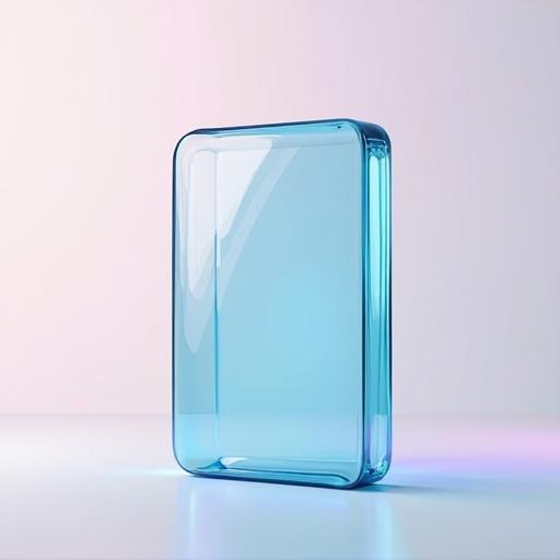 3D representation of a transparent glass object on a solid color background. Simple and clean design elements emphasized.