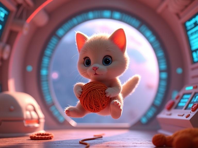 Inside a futuristic spaceship. Baby cat floating in zero gravity. Cat holds a ball of yarn. Soft glowing control panels. 3D animated style. Adorable cozy atmosphere.
