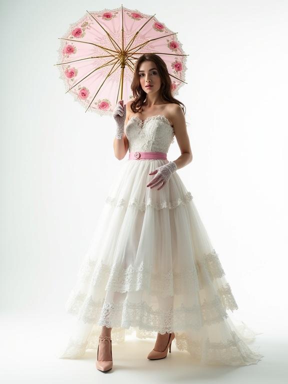 Full shot of a woman in a white rose-patterned lolita style dress. Woman holding a rose-patterned umbrella. Dress features lace edges and intricate details. Soft light illuminates the scene. Woman wears lace gloves and high heels. Pink belt accents the waist. The pose is elegant. Studio setting with a white background.
