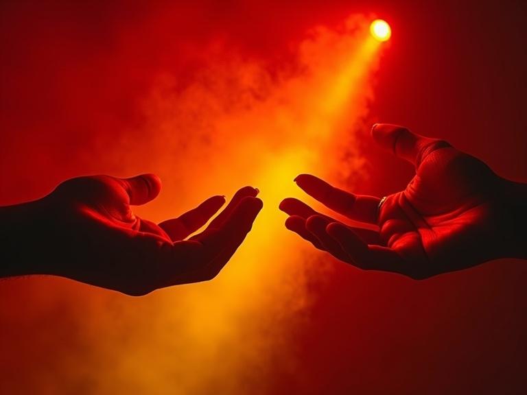 Two generic hands reaching for an incomplete handshake. Hyper-realistic close-up of illuminated skin in red and yellow. Background features stylized flames and light smoke.